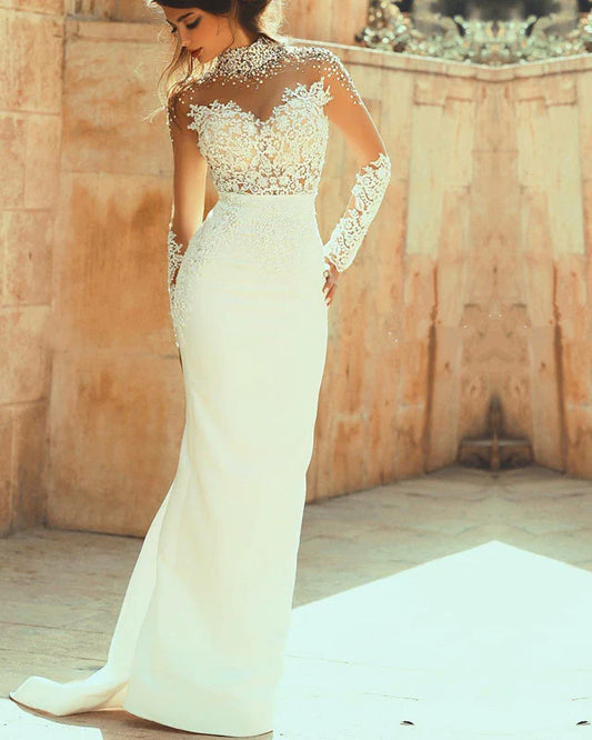 Long Sleeves Open Back Mermaid Wedding Dress Appliques