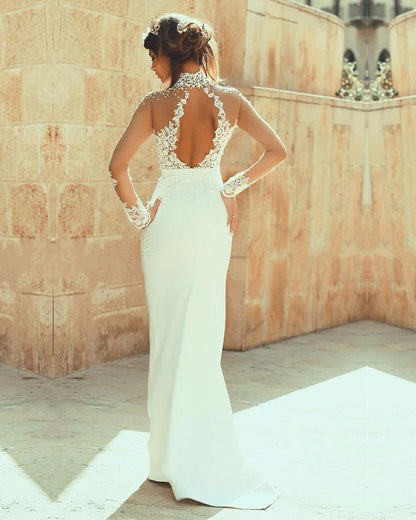 Long Sleeves Open Back Mermaid Wedding Dress Appliques