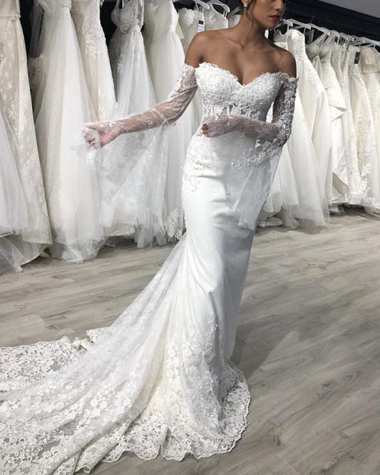Puffy Sleeeves Mermaid Wedding Dress Lace Off Shoulder