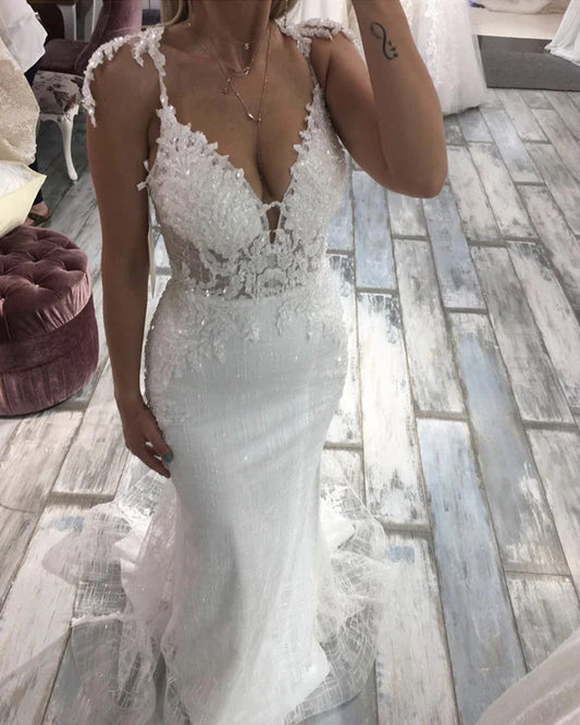 Mermaid Wedding Dress Square Sequins Tulle Lace V Neck