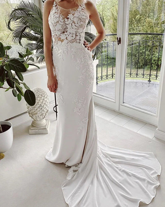 Lace Embroidery Mermaid Wedding Dress Sweep Train