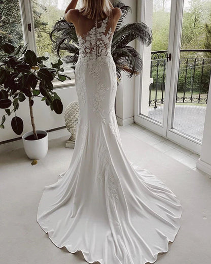 Lace Embroidery Mermaid Wedding Dress Sweep Train