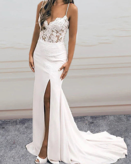 V Neck Mermaid Wedding Dress Leg Slit