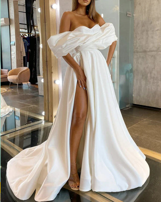A-line Off The Shoulder Wedding Dress Satin With