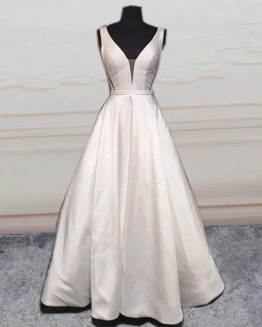 V Neck Open Back Wedding Dress Satin