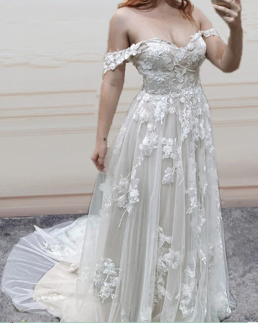 Boho Wedding Dress Tulle Skirt Lace Off The Shoulder