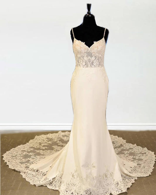 V Neck Sweep Train Wedding Dress Lace Appliques