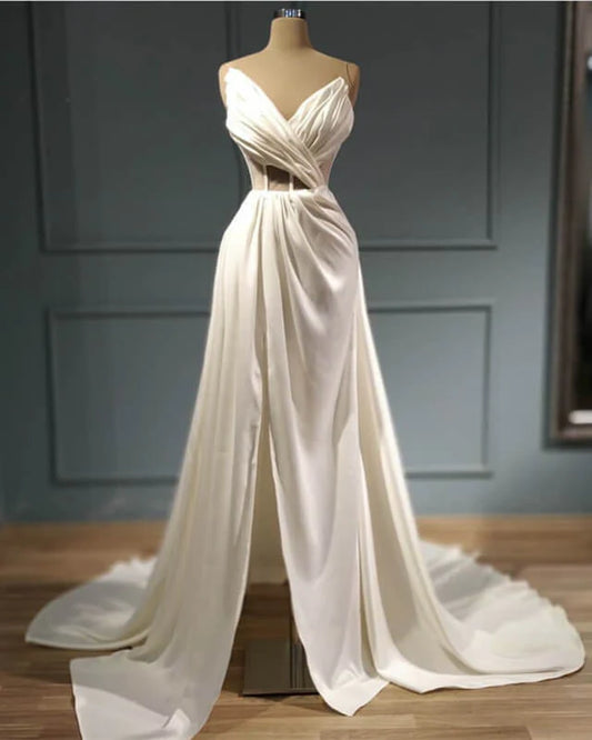 V Neck High Slit Satin Wedding Dress