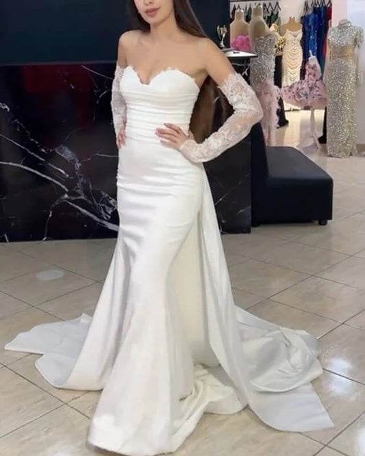 Mermaid Strapless Satin Wedding Dress With Sleeves