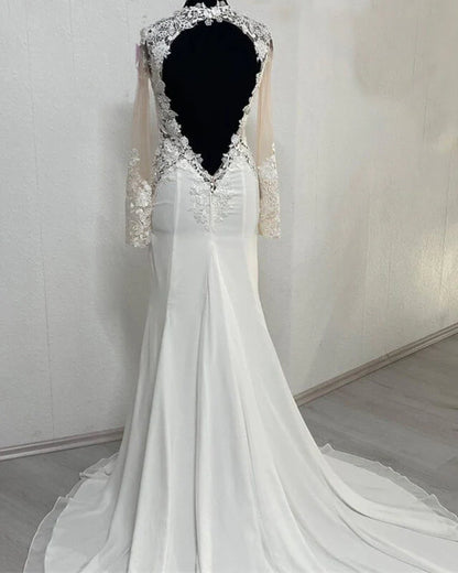 Lace Embroidery Sheer Sleeve Open Back Wedding Dress