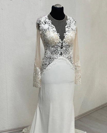 Lace Embroidery Sheer Sleeve Open Back Wedding Dress