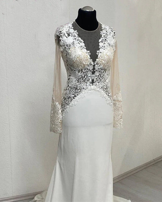 Lace Embroidery Sheer Sleeve Open Back Wedding Dress