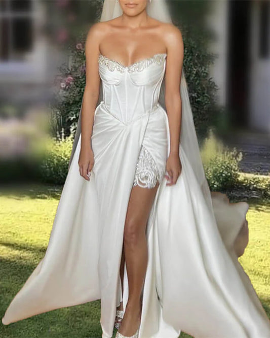 Strapless Bodice Corset Wedding Gown With Crystal Beaded
