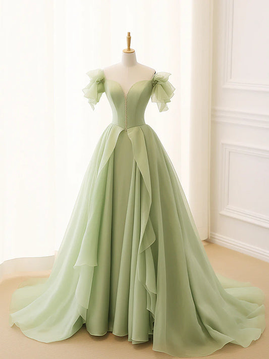 A-Line Green Tulle Long Evening Dress Green Tulle Long Formal Dress