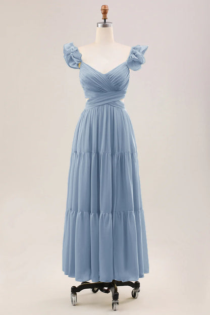 A Line Pleated Chiffon Wedding Party Guest Dress with Ruffles