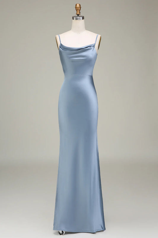 Sheath Spaghetti Straps Long Satin Bridesmaid Dress