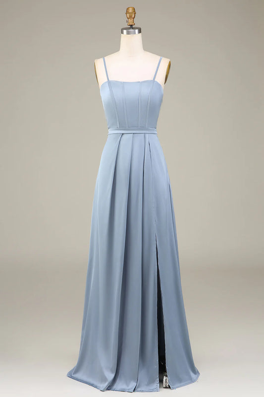 A-Line Spaghetti Straps Satin Long Bridesmaid Dress With Pleated