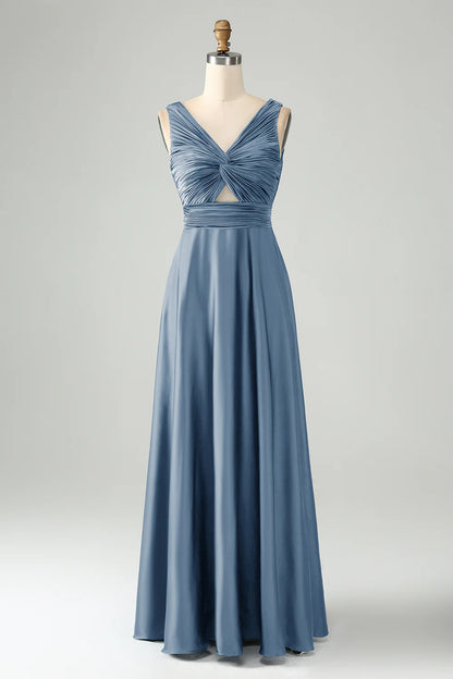 A Line V Neck Cut Out Pleated Satin Long Bridesmaid Dress