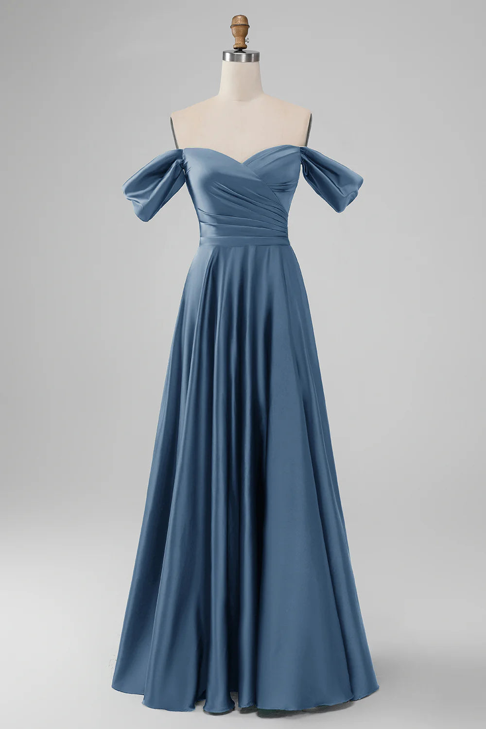A-Line Off The Shoulder Pleated Satin Long Bridesmaid Dress