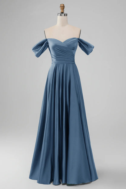 A-Line Off The Shoulder Pleated Satin Long Bridesmaid Dress