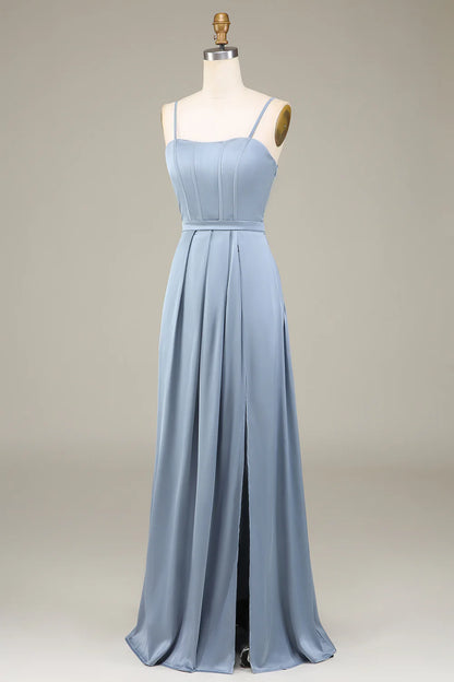 A-Line Spaghetti Straps Satin Long Bridesmaid Dress With Pleated