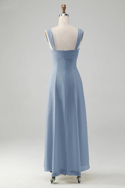 A Line Square Neck Keyhole Long Bridesmaid Dress