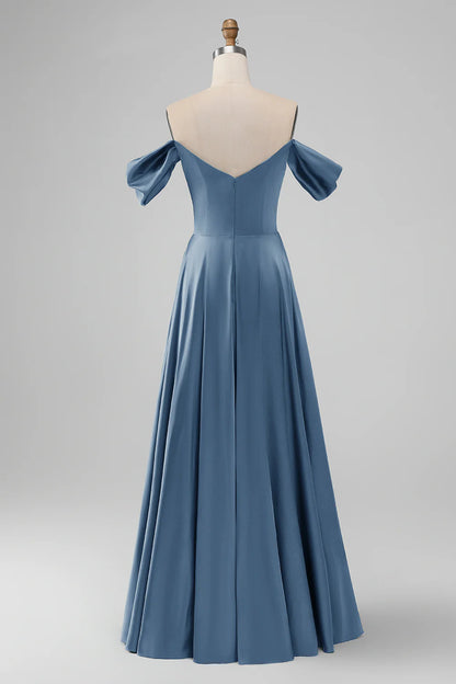 A-Line Off The Shoulder Pleated Satin Long Bridesmaid Dress