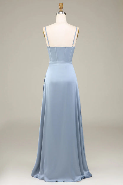 A-Line Spaghetti Straps Satin Long Bridesmaid Dress With Pleated