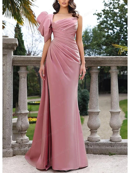 Dusty Pink Satin Mermaid Evening Dress with One-Shoulder Ruffle Sleeve, Ruched Bodice & Floor-Length Silhouette