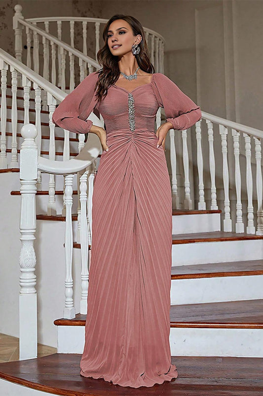 Dusty Rose Sheath Long Sleeves Pleated Mother of the Bride Dress with Beading