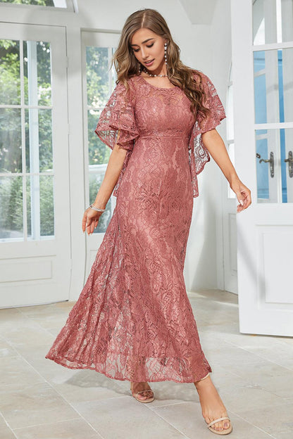 A Line Round Neck Floor Length Lace Dusty Rose Mother of the Bride Dress