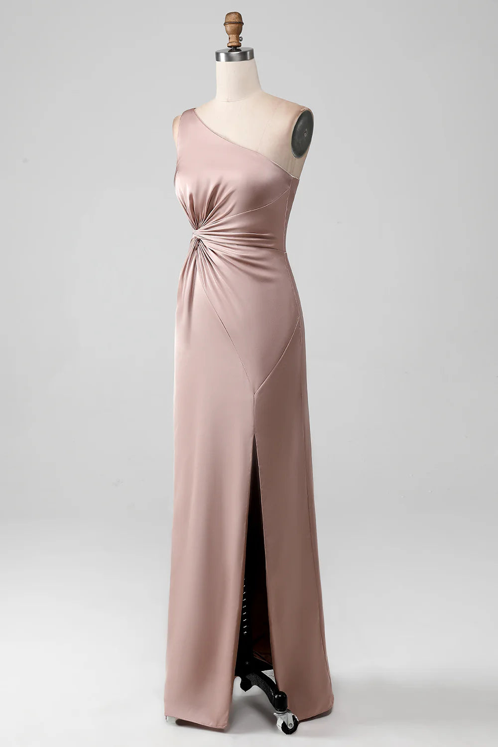 Mermaid One Shoulder Pleated Satin Bridesmaid Dress With Slit