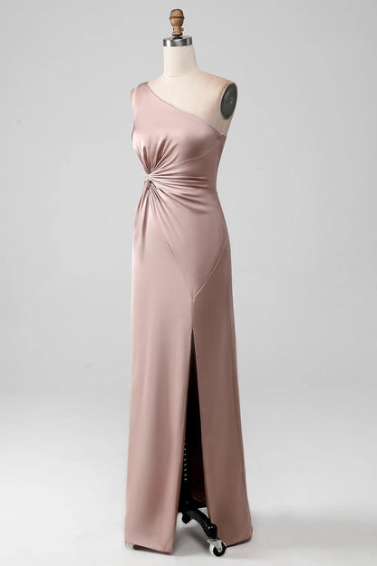 Mermaid One Shoulder Pleated Satin Bridesmaid Dress With Slit