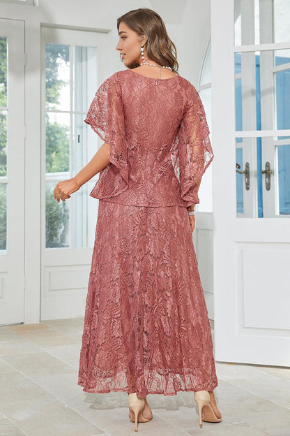 A Line Round Neck Floor Length Lace Dusty Rose Mother of the Bride Dress
