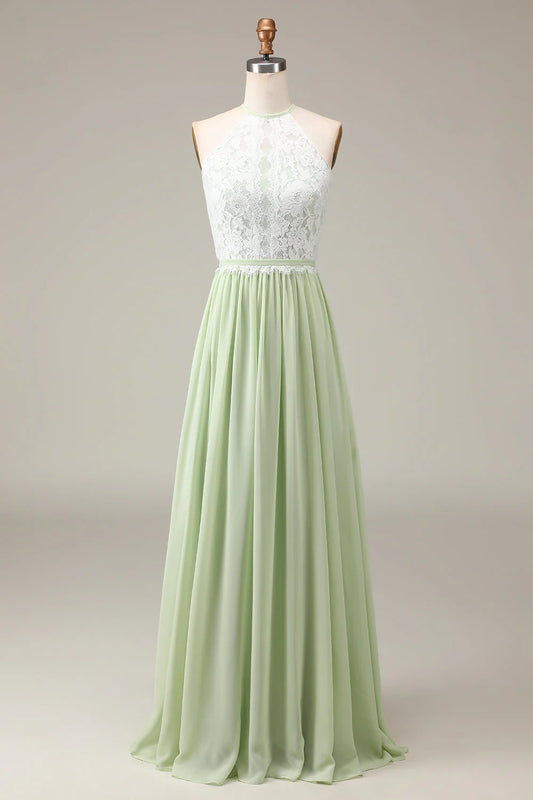 A-Line Halter Neck Lace and Chiffon Floor Length Bridesmaid Dress