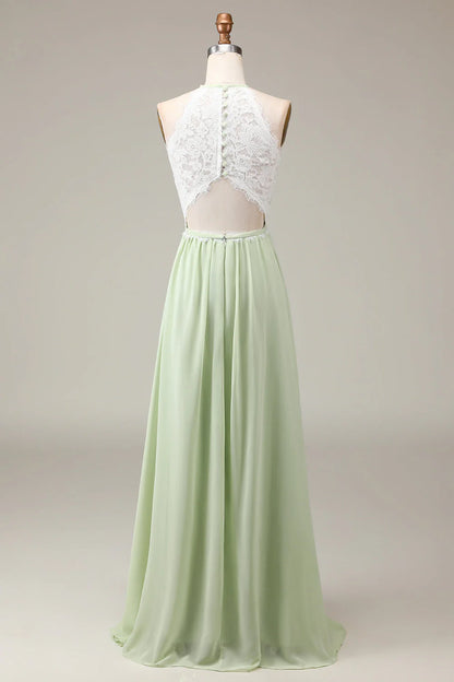 A-Line Halter Neck Lace and Chiffon Floor Length Bridesmaid Dress