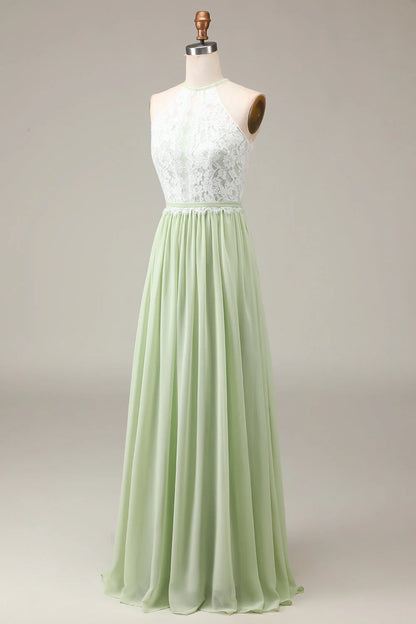 A-Line Halter Neck Lace and Chiffon Floor Length Bridesmaid Dress
