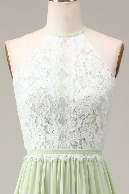 A-Line Halter Neck Lace and Chiffon Floor Length Bridesmaid Dress