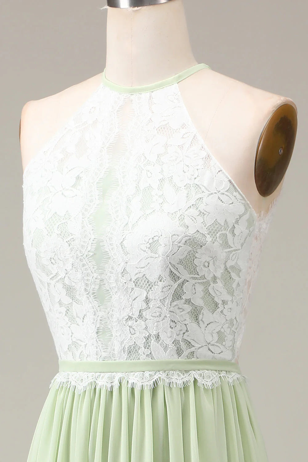A-Line Halter Neck Lace and Chiffon Floor Length Bridesmaid Dress