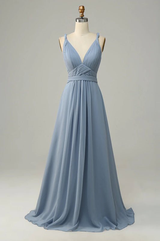 A Line Deep V Neck Chiffon Bridesmaid Dress