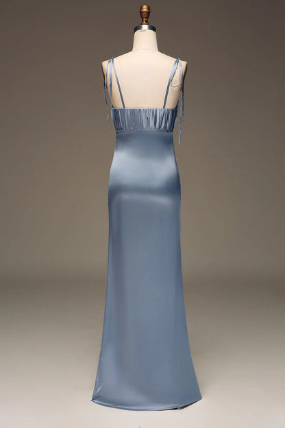 Sheath Spaghetti Straps Satin Pleated Bridesmaid Dress