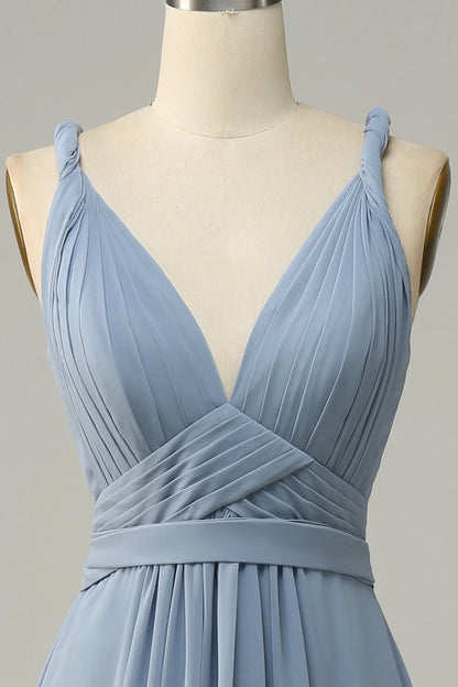 A Line Deep V Neck Chiffon Bridesmaid Dress