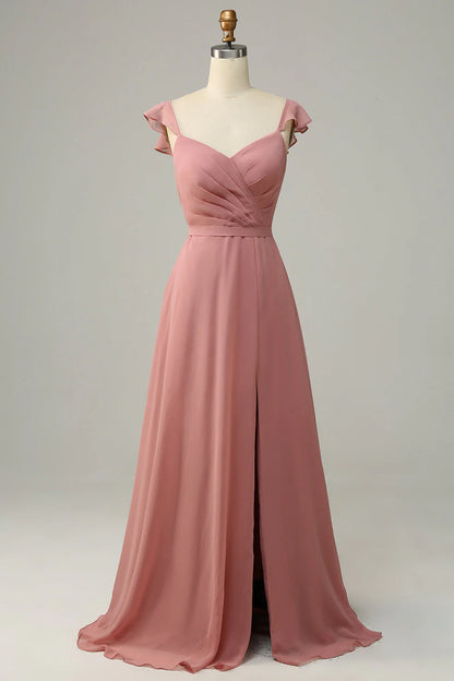A Line Ruffles Long Chiffon Bridesmaid Dress With Slit