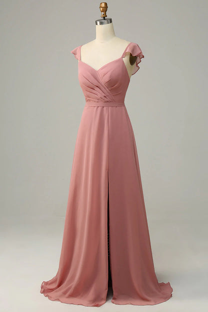 A Line Ruffles Long Chiffon Bridesmaid Dress With Slit