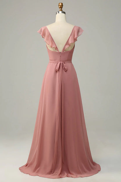 A Line Ruffles Long Chiffon Bridesmaid Dress With Slit