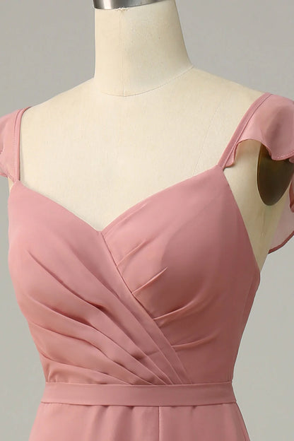 A Line Ruffles Long Chiffon Bridesmaid Dress With Slit