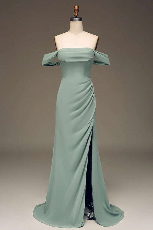 Off the Shoulder Pleated Long Chiffon Bridesmaid Dress With Slit