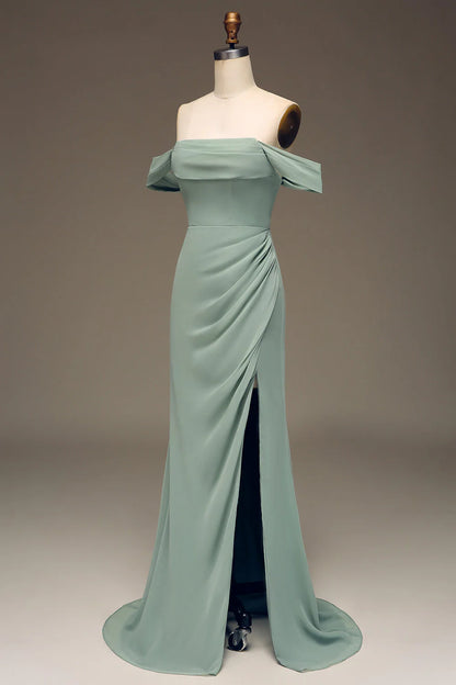 Off the Shoulder Pleated Long Chiffon Bridesmaid Dress With Slit