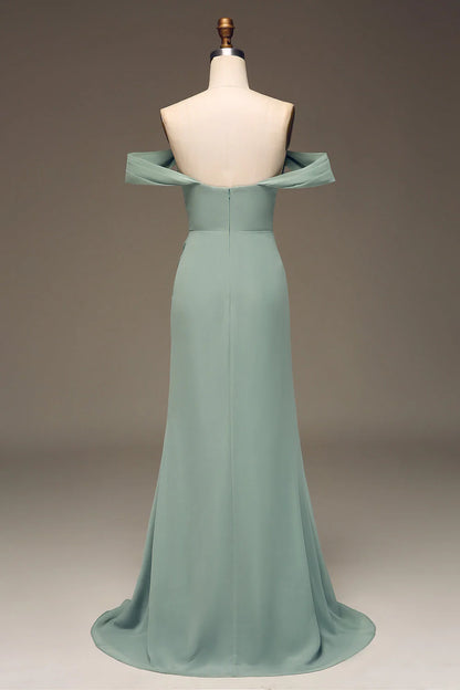 Off the Shoulder Pleated Long Chiffon Bridesmaid Dress With Slit