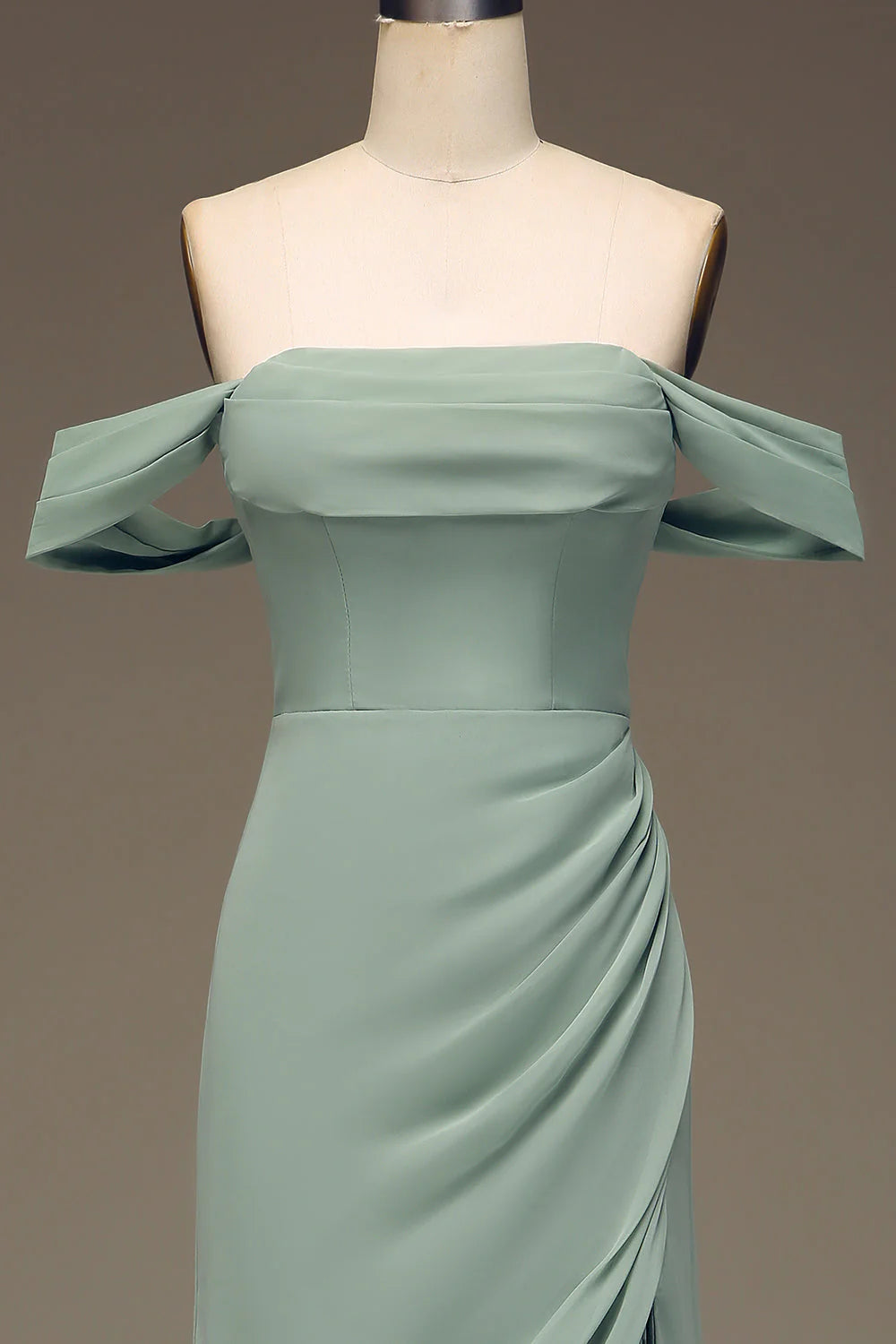 Off the Shoulder Pleated Long Chiffon Bridesmaid Dress With Slit